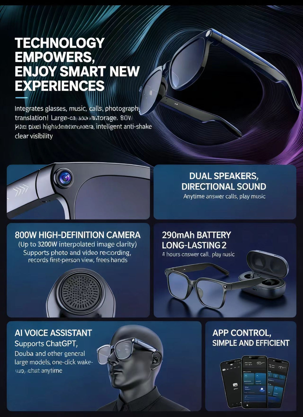 AI smart glasses with an 8MP anti-shake camera for photo/video, object recognition, and real-time translation.