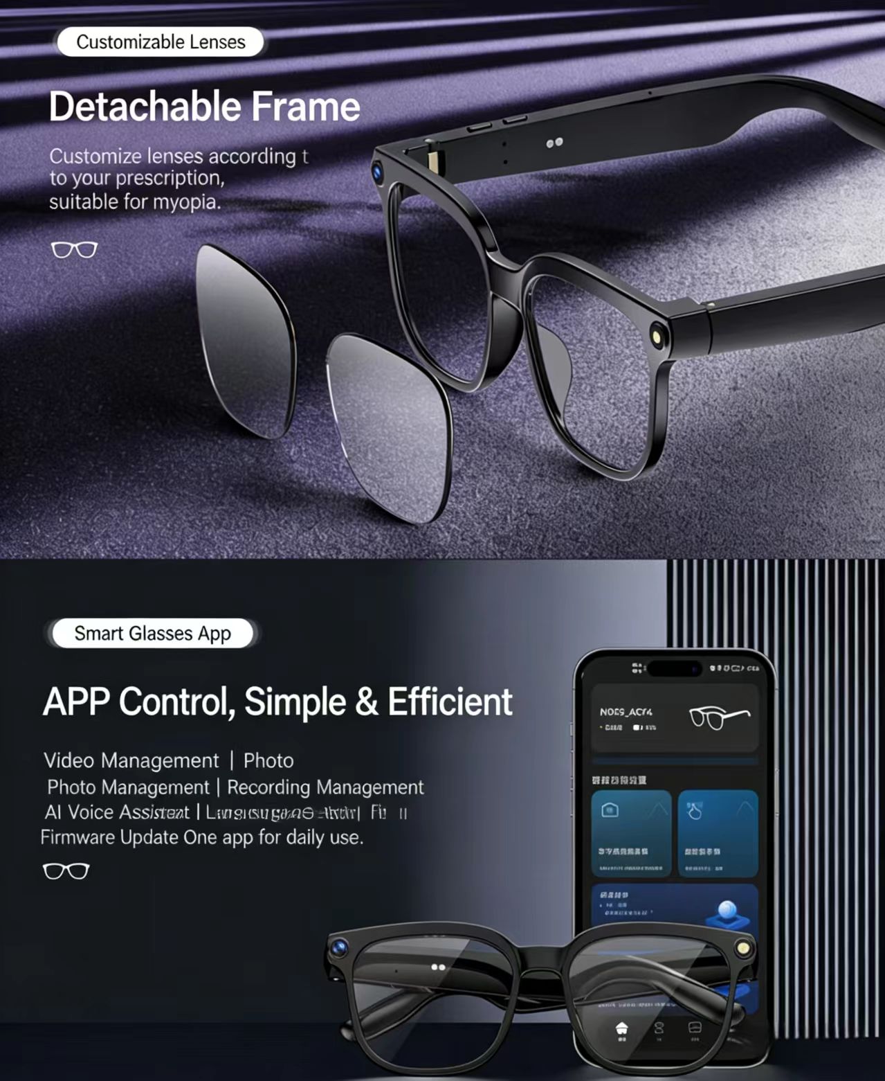 AI smart glasses with an 8MP anti-shake camera for photo/video, object recognition, and real-time translation.