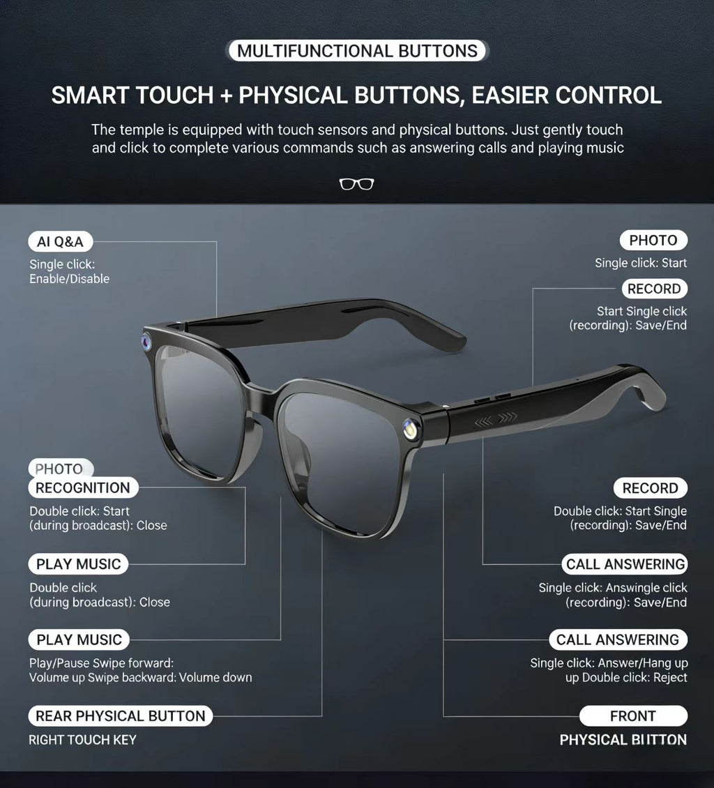 AI smart glasses with an 8MP anti-shake camera for photo/video, object recognition, and real-time translation.