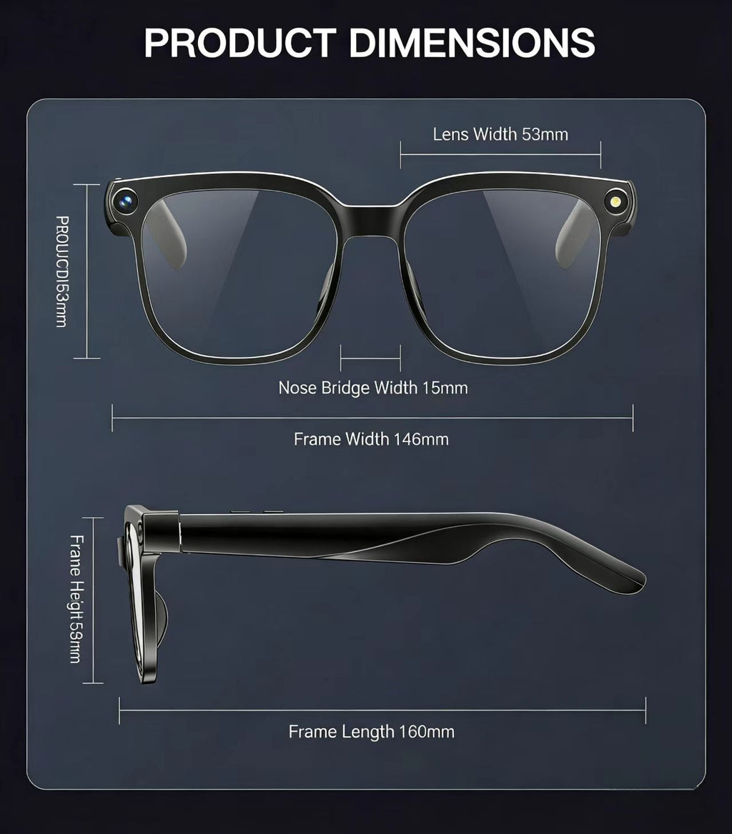 AI smart glasses with an 8MP anti-shake camera for photo/video, object recognition, and real-time translation.