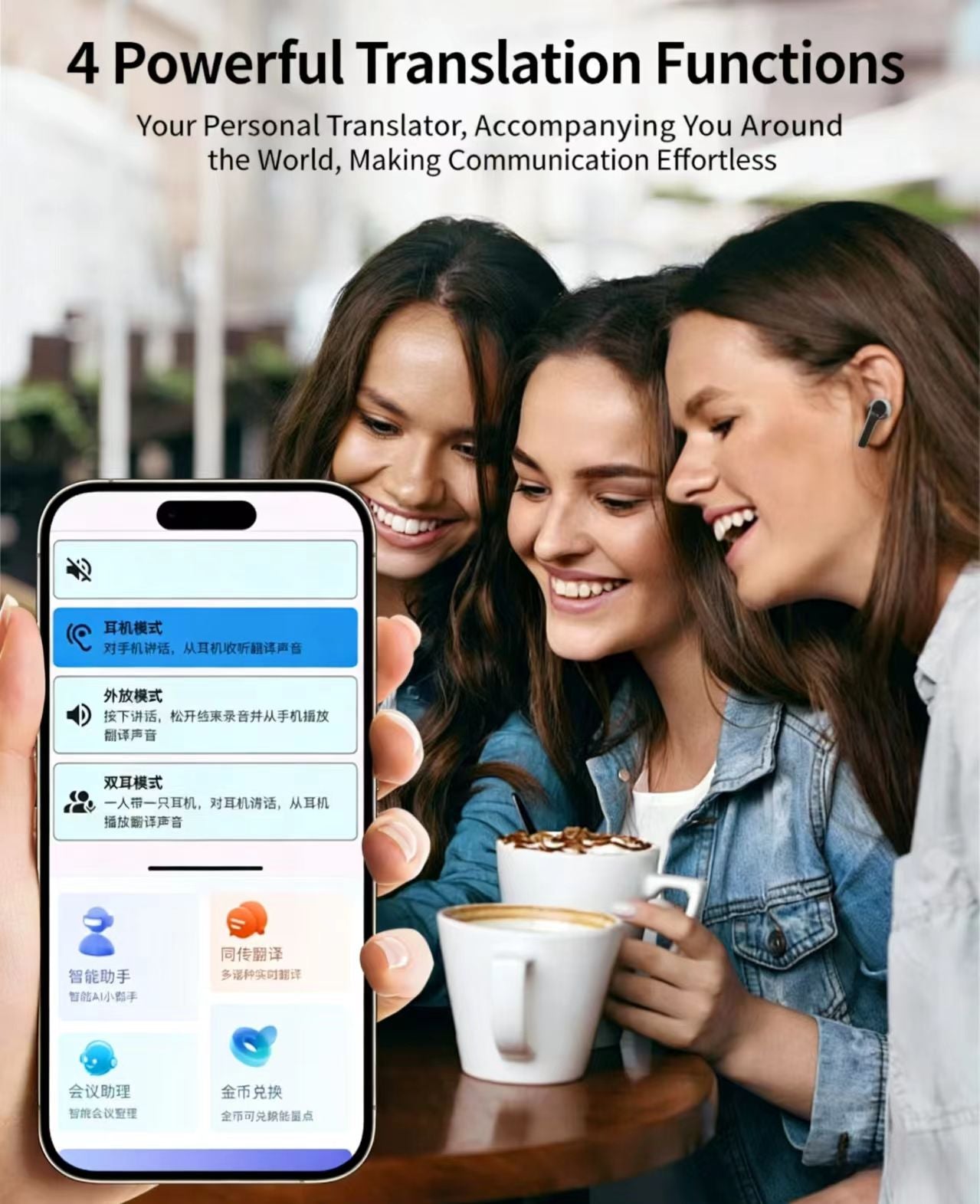 AI Smart Translation Bluetooth Earphones: Active Noise Cancellation (ANC), Supports Multilingual Real-Time Interpretation.