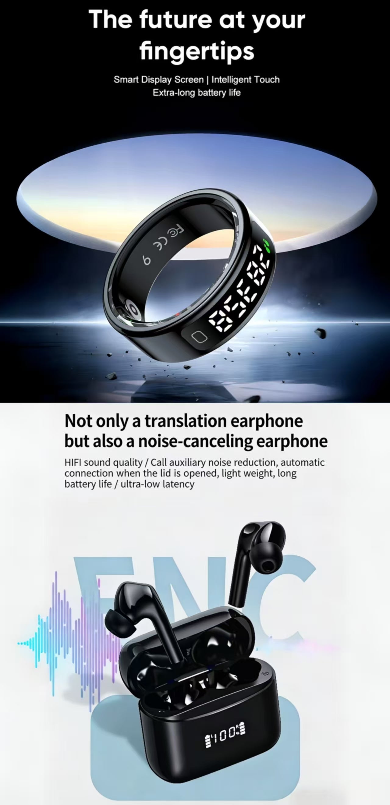 AI Smart Translation Bluetooth Earphone & R11 Sports Smart Ring