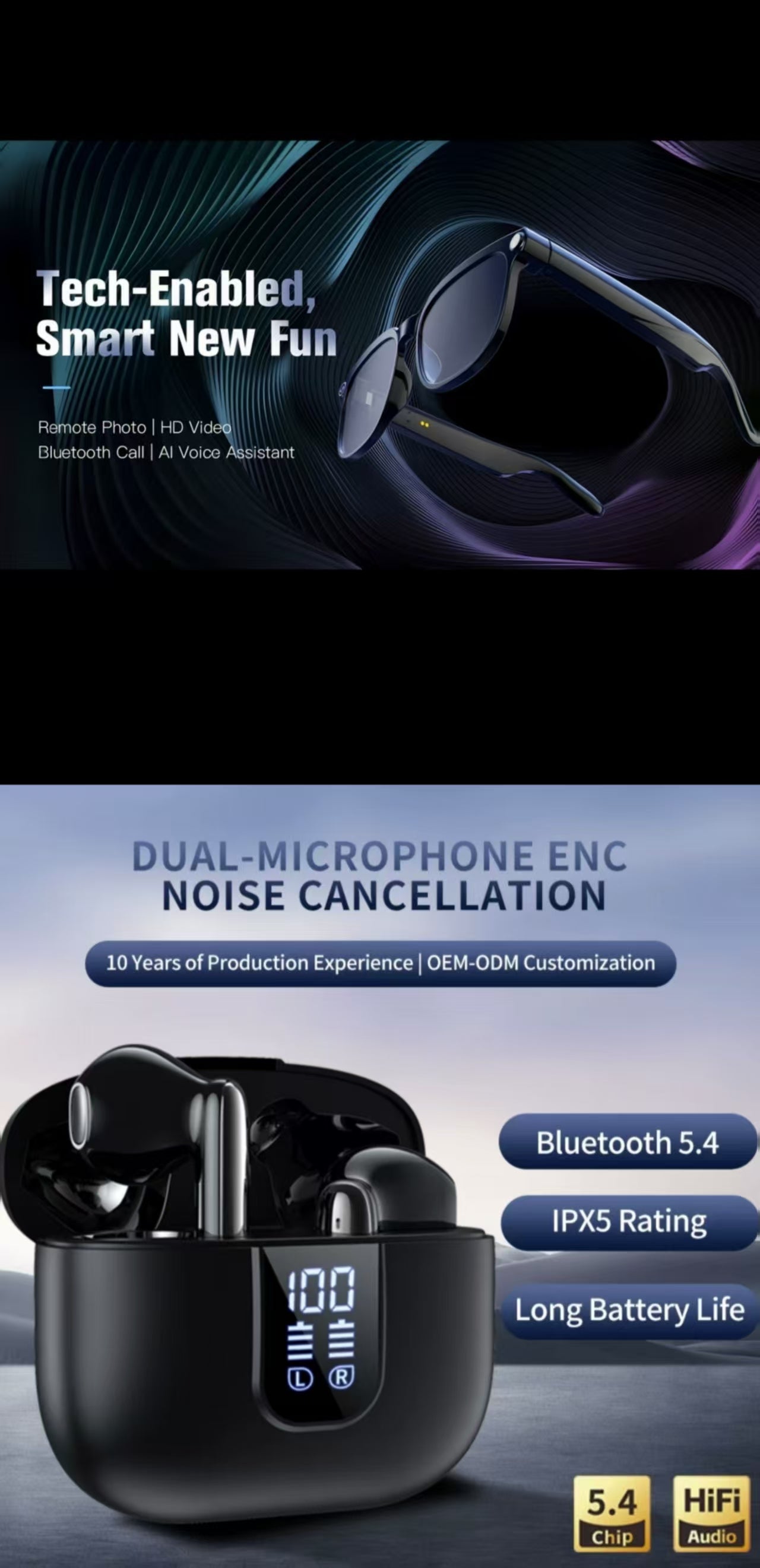 LED Digital Display Dual-Mic ENC TWS Bluetooth Earbuds & AI Smart Glasses 8MP Anti-shake