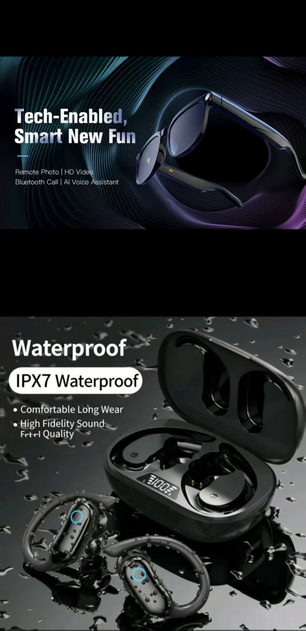 TWS Sports IPX7 Waterproof Bluetooth Earbuds & AI smart glasses with an 8MP anti-shake