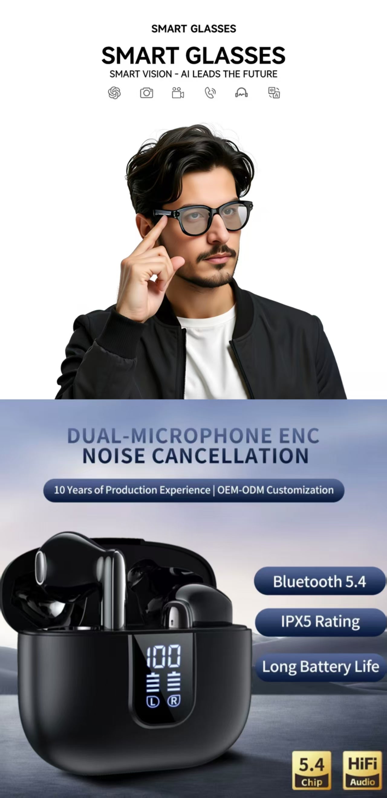 AI Smart Glasses 8MP&LED Digital Display Dual-Mic ENC TWS Bluetooth Earbuds