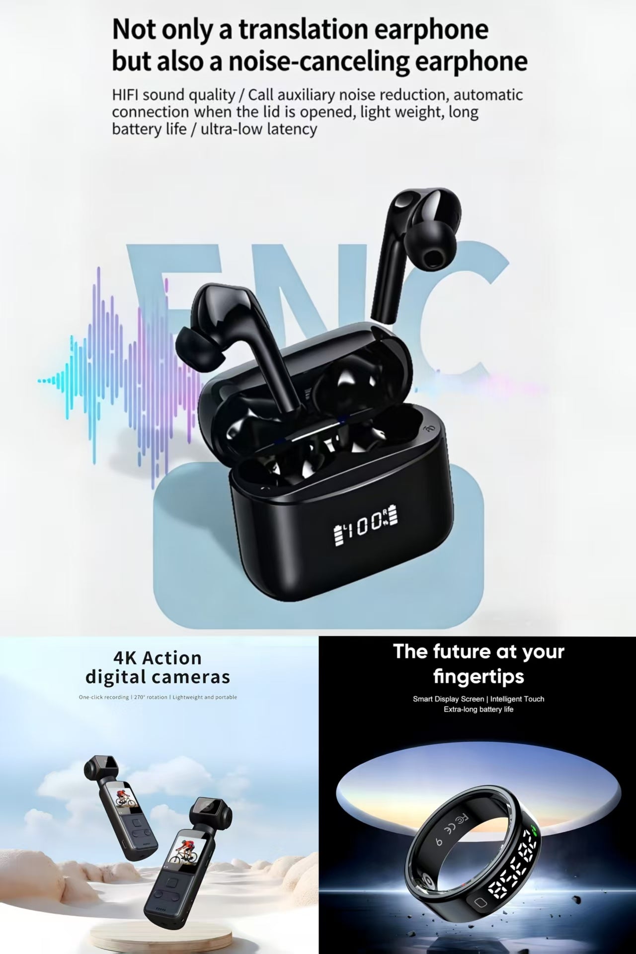 4K Ultra HD Anti-Shake Pocket Camera，R11 Sports Ring  & AI Smart Translation Bluetooth Earbuds Bundle