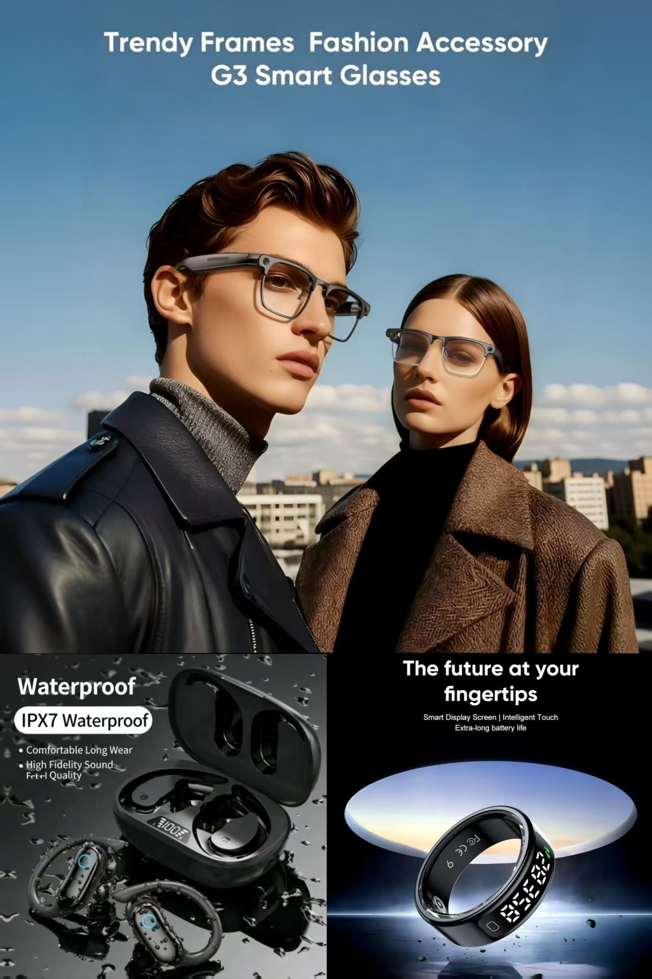 Future-Ready AI Gear: 🕶️ i-Rimless Business Smart Glasses, TWS Sports IPX7 Waterproof Bluetooth Earbuds & R11 Smart Ring