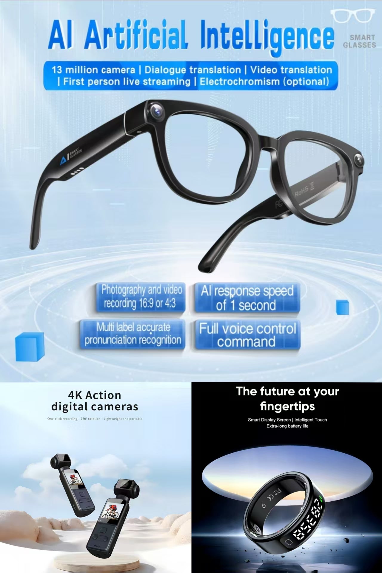 Future-Ready AI Gear: AI Translation Smart Glasses 13MP Photochromic, 4K Ultra HD Anti-Shake Pocket Camera & R11 Smart Ring