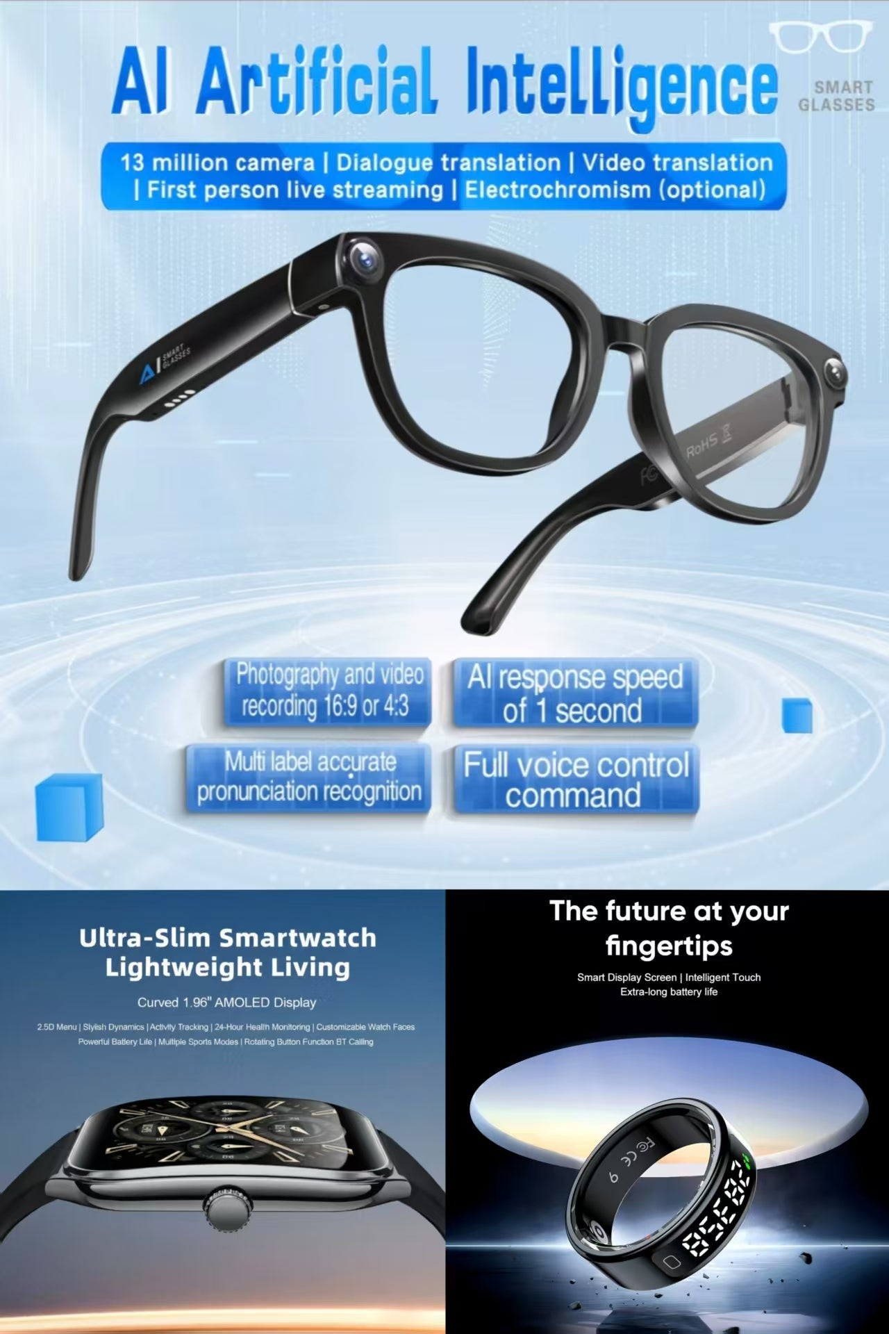 Future-Ready AI Gear: AI Translation Smart Glasses 13MP Photochromic, MT61 Smart Watch & R11 Smart Ring