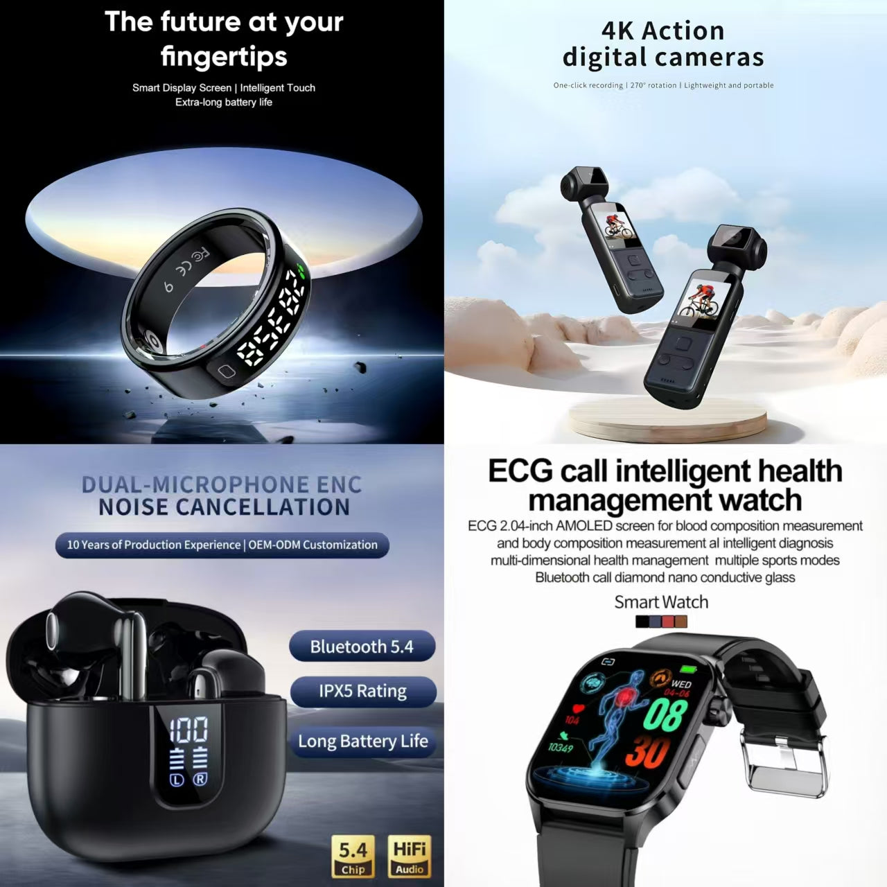 4-in-1 Ultimate Smart Gadget Bundle: Smart Ring, ECG Health Watch, 4K Action Camera & ENC Earbuds
