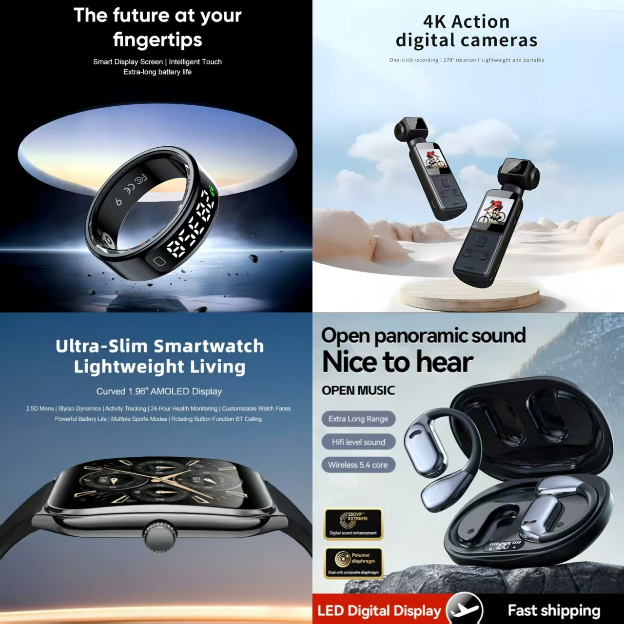 4-in-1 Ultimate Smart Lifestyle Bundle: Smart Ring, 4K Action Camera, Ultra-Slim Smartwatch & Open-Ear Headphones