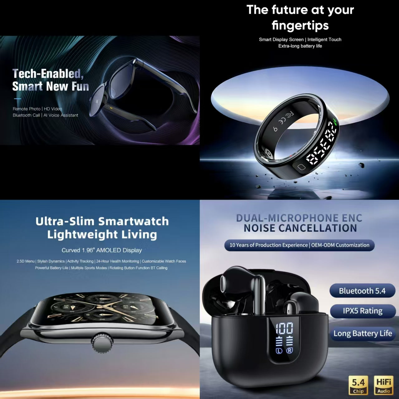 4-in-1 Premium Smart Lifestyle Bundle: Smart Glasses, Smart Ring, Ultra-Slim Smartwatch & ENC Earbuds