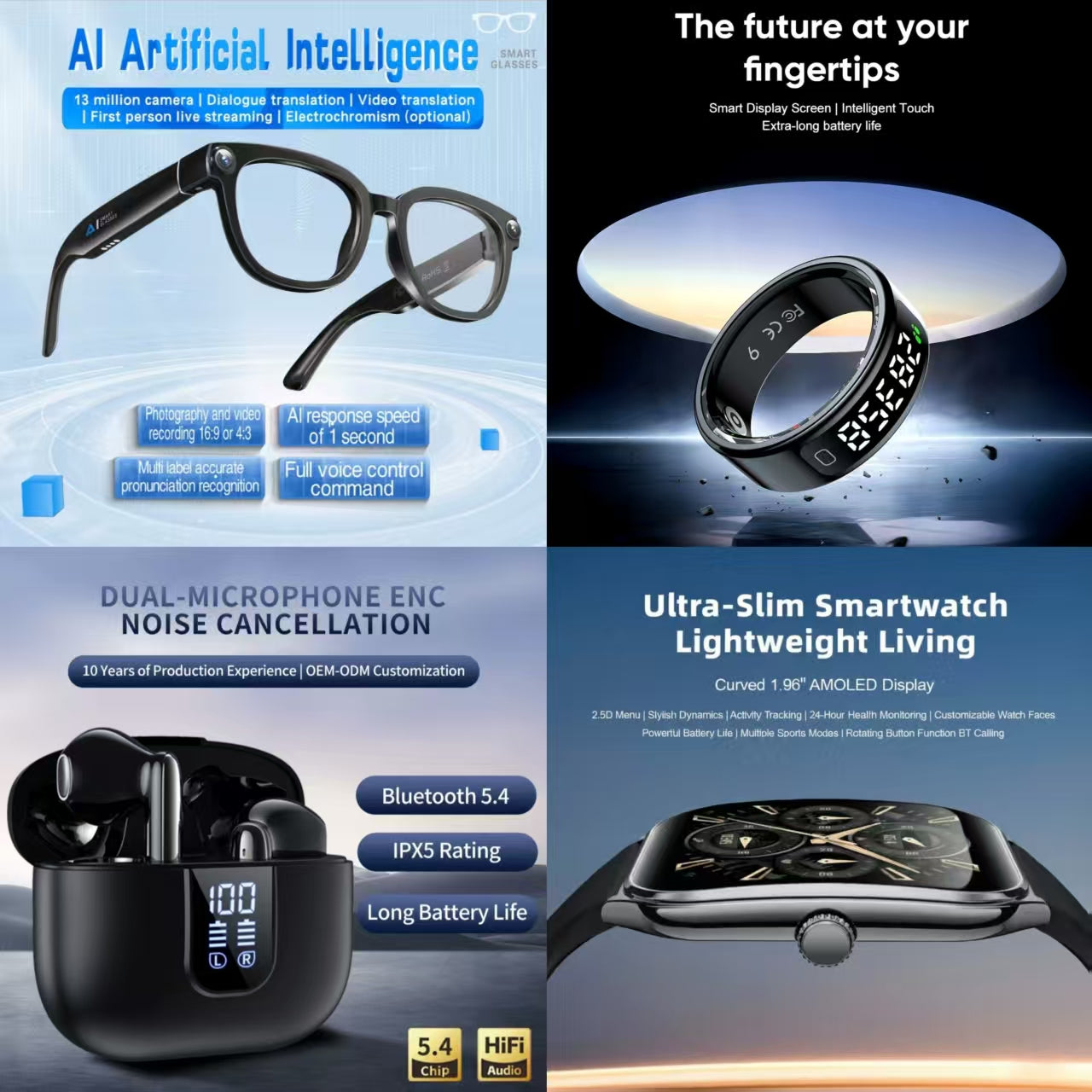 4-in-1 Ultimate Smart AI & Audio Bundle: AI Smart Glasses, Smart Ring, Dual-Microphone ENC Earbuds & Ultra-Slim Smartwatch