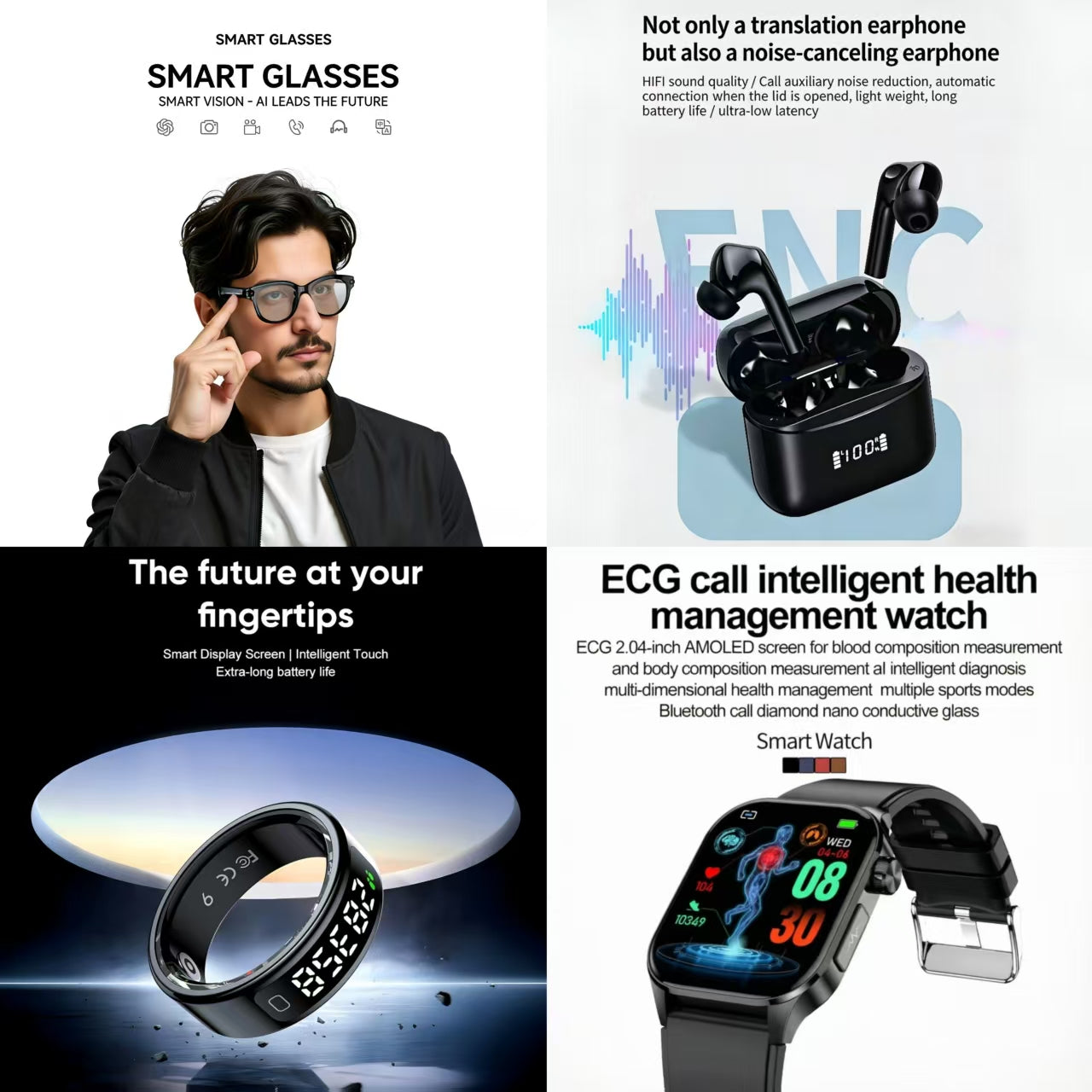 4-in-1 Smart Health & Fashion Bundle | Smart Glasses + Smart Ring + ENC Noise Canceling Translation Earbuds + ECG Call Health Watch