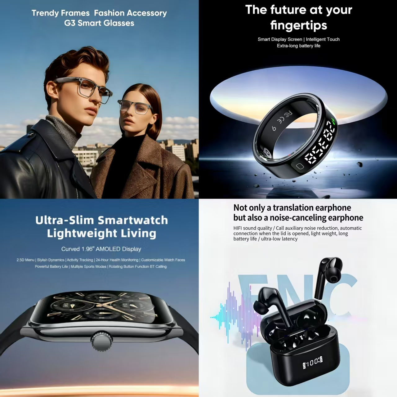 4-in-1 Smart Health & Fashion Bundle | G3 Smart Glasses + Smart Ring + Ultra-Slim Smartwatch + ENC Noise Canceling Translation Earbuds