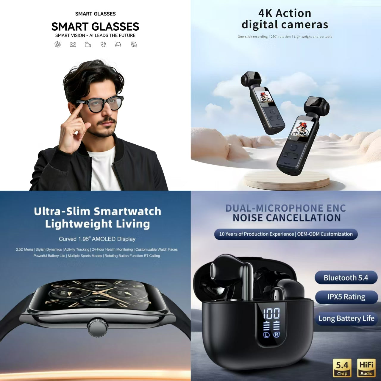 4-in-1 Smart Lifestyle Bundle | Smart Glasses + 4K Action Camera + Ultra-Slim Smartwatch + Dual Mic ENC Noise Canceling Earbuds