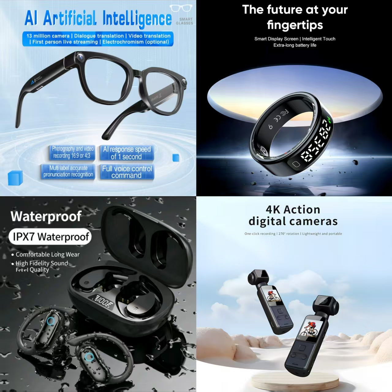4-in-1 Smart AI Tech & Outdoor Bundle: AI Smart Glasses + IPX7 Waterproof Earbuds + 4K Action Camera + Smart Ring (Future at Your Fingertips)