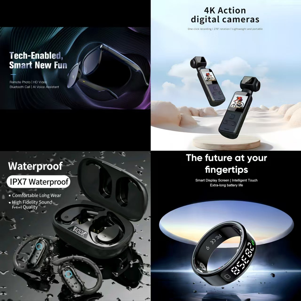 4-in-1 Smart Future Tech & Waterproof Audio Bundle: Tech-Enabled Smart Glasses + 4K Action Camera + IPX7 Waterproof Earbuds + Smart Ring (Future at Your Fingertips)